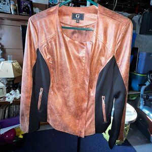 G by Giuliana Cognac Brown Texted Vegan Leather Jacket ~ Women's Large ~ Stretch